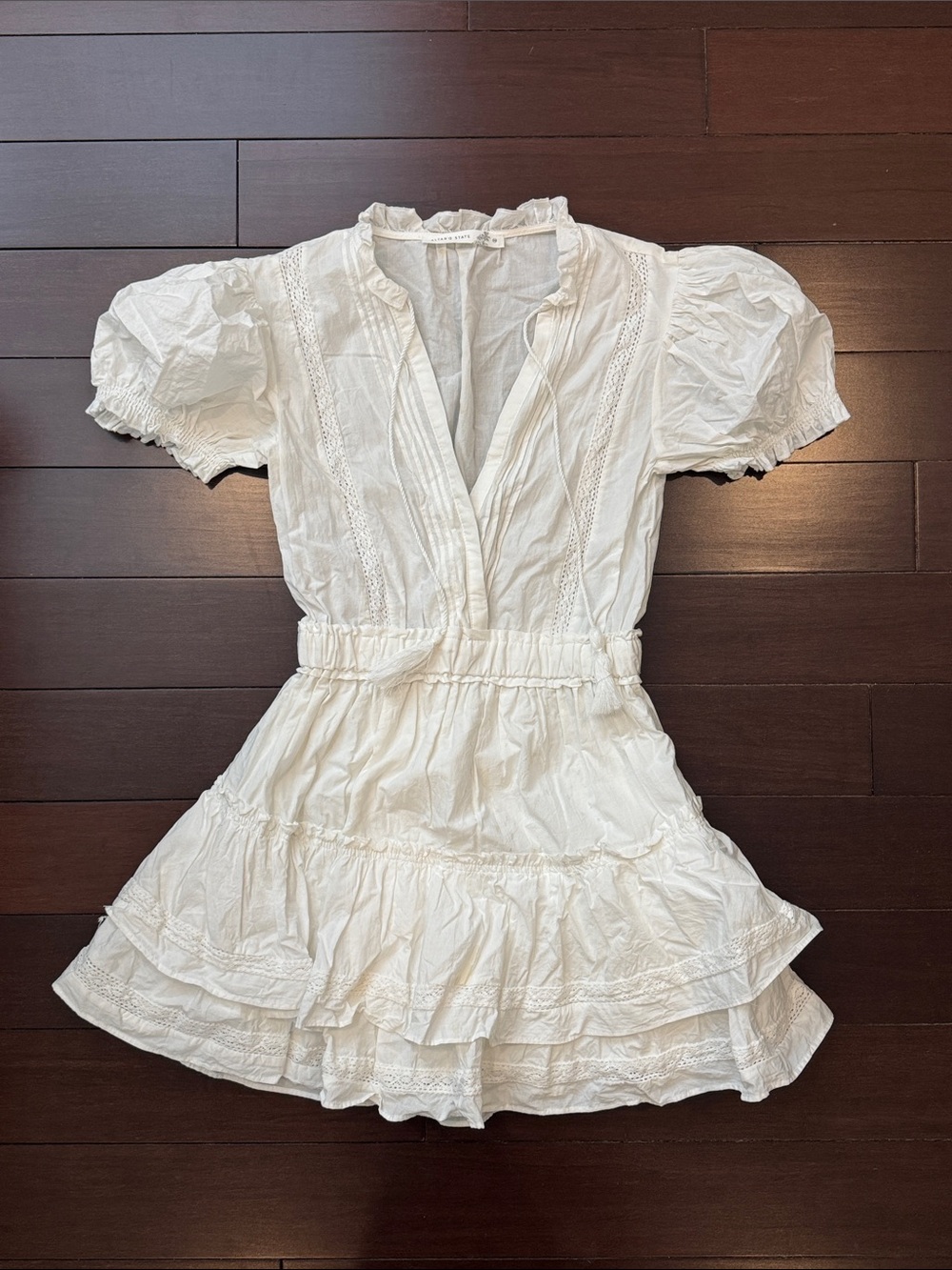 Altar'd State Cream Lace-Trim Puff Sleeve Tiered Mini Dress